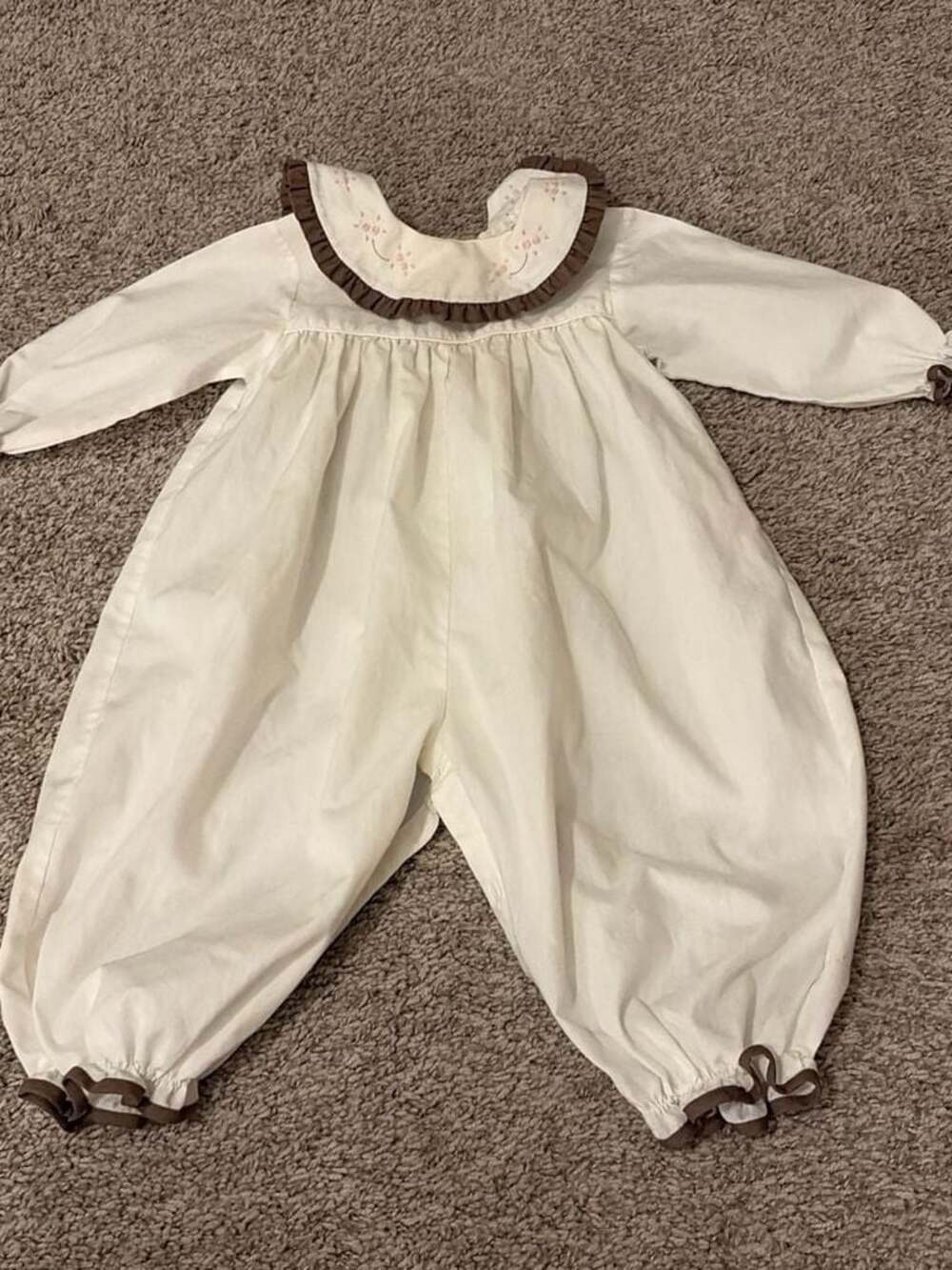 Vintage Auraluz Baby Girl Hand Embroidered Floral Long Sleeve Bubble Romper 18M